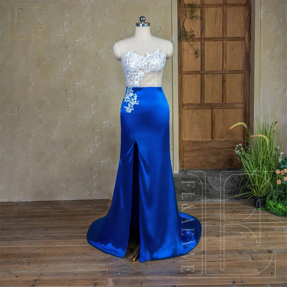 Royal Blue Satin Bridesmaid Dresses Long Sleeve Lace Party Dress for Weddings Side Split Guest Dresses Elegant Gowns Customized - Dragonbeast