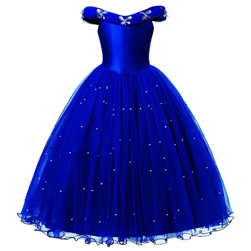 Elegant Dark Blue Party Dress Girls Fancy Sapphire Princess Cinderella Ball Gown Off Shoulder Prom Frock Kid Pearl Embellished - Dragonbeast