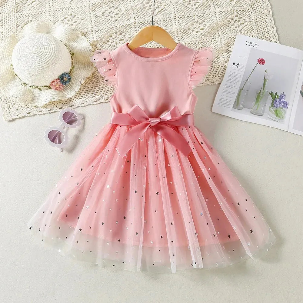 2024 New in Dress Solid Sequin Summer Dress 2 4 6 Years Kid's Princess Dress Fly Sleeve Elegant Cute Birthday Party Dress - Dragonbeast