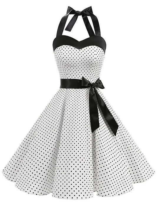 Women Polka Dot Print Summer Dress Sexy Retro White Halter Vintage Dress Robe Femme Pin Up Rockabilly Party Dress - Dragonbeast