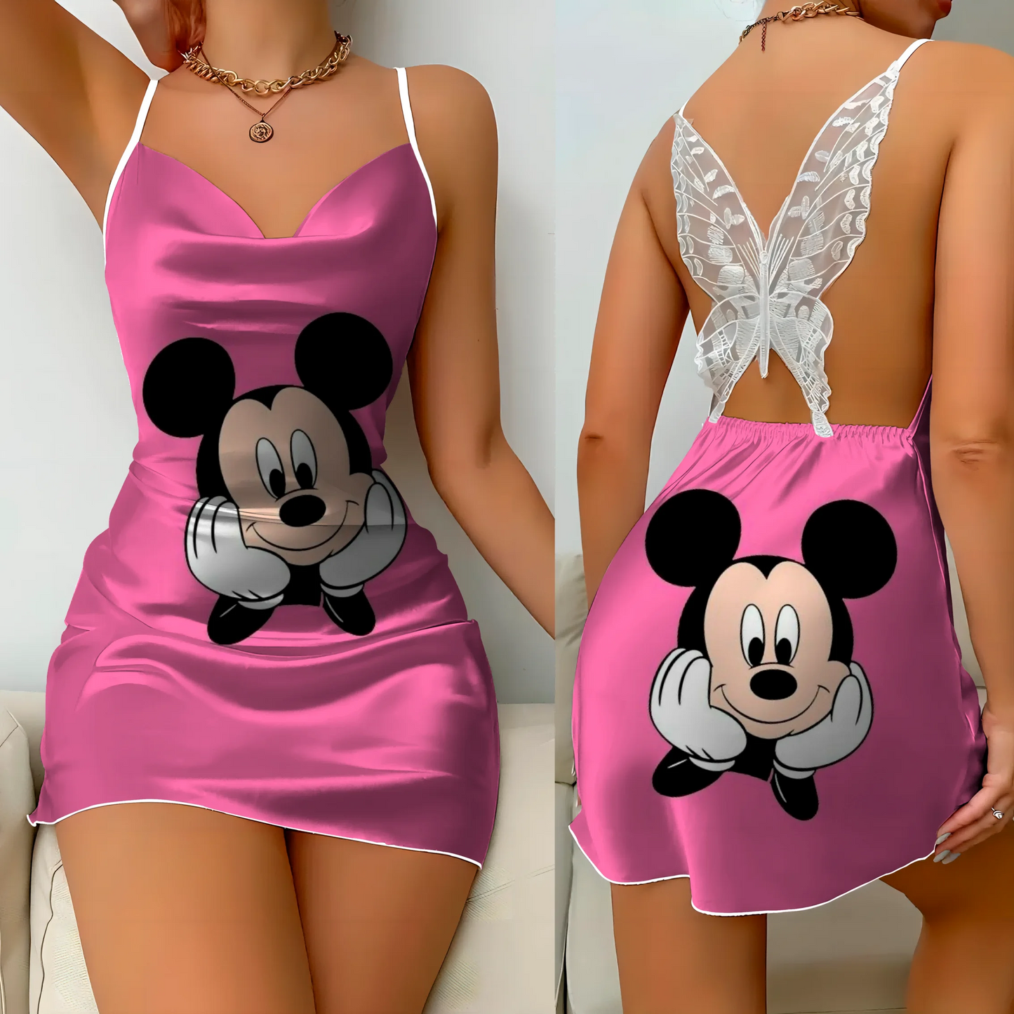 Mini Dress Pajama Skirt Bow Knot Party Dresses Satin Surface Minnie Mouse Disney Mickey Womens Fashion Summer 2024 Elegant Women - Dragonbeast