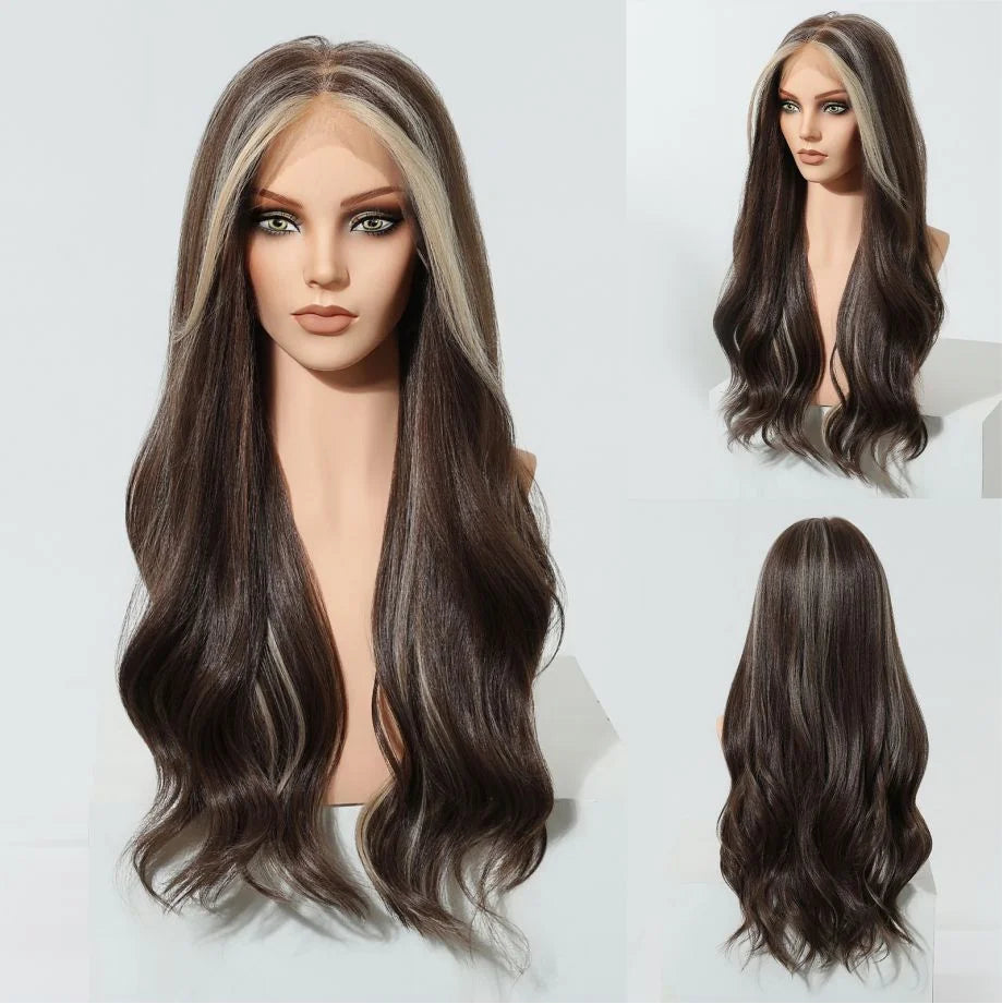 DWY Ash Brown Highlight Synthetic Lace Front Wig 13×6 Body Wave Pre Plucked Lace Wig for Women Wear and Go 28inch Wigs for Daily - Dragonbeast