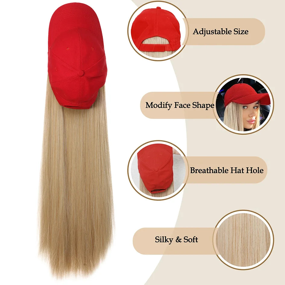 Hat Wigs-synthetic 22inch red baseball cap straight hair wig ducktail long straight hair wig hat extensions wigs christmas hat - Dragonbeast