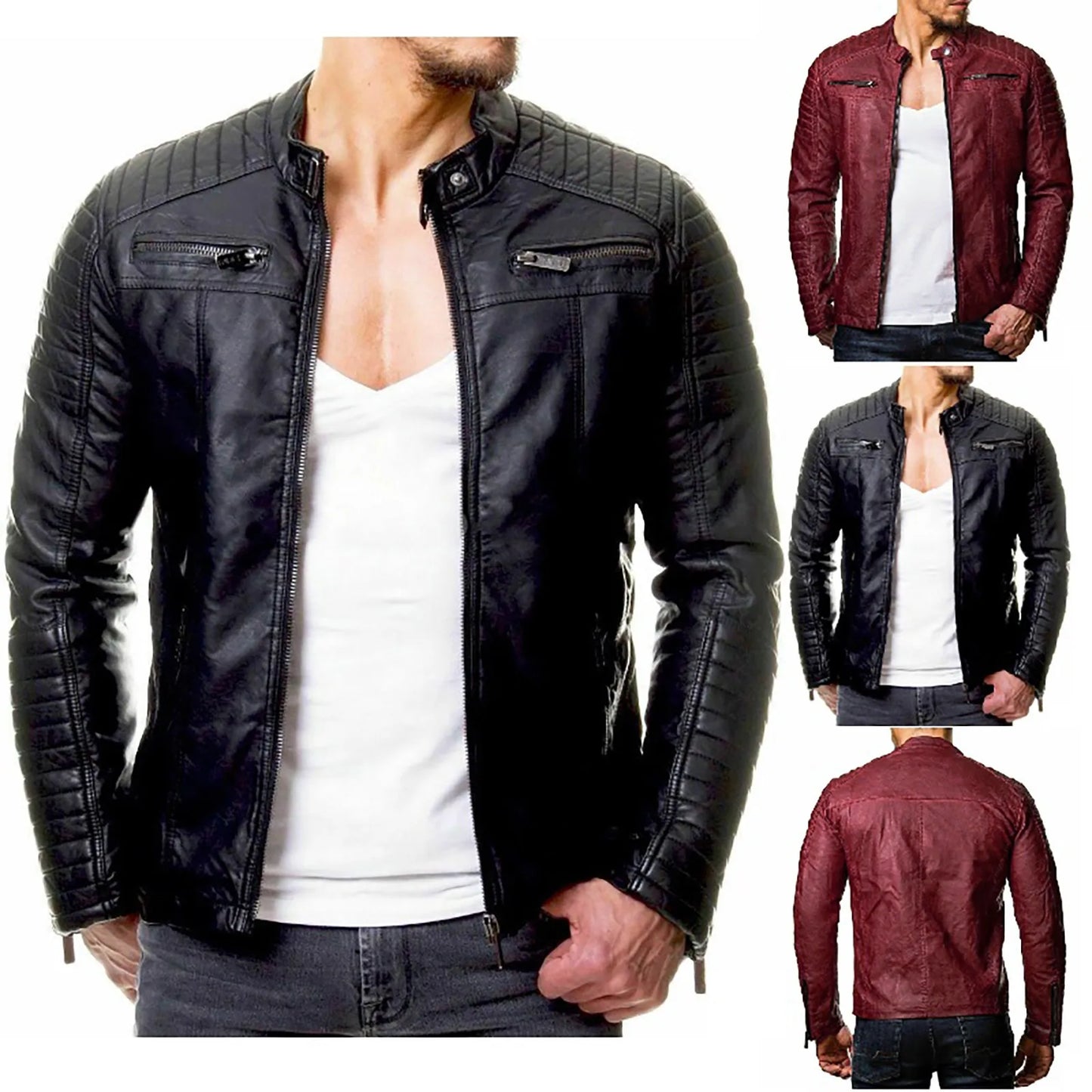 Fashion Men's Motorcycle Riding Leather Jacket Windproof Rainproof Solid Color Zipper Casual Hip Hop Varsity Jacket