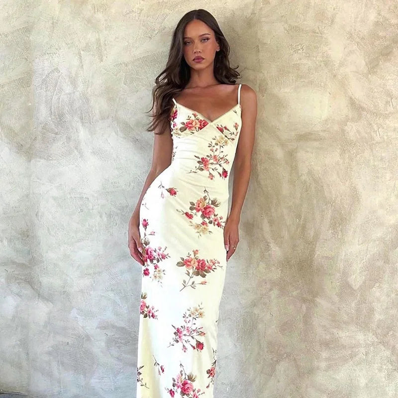 Sleeveless Floral Print Suspender Dress Women Fashion V-neck Slim Maxi Dresses 2023 Summer Chic Female Beach Party Club Robe - Dragonbeast