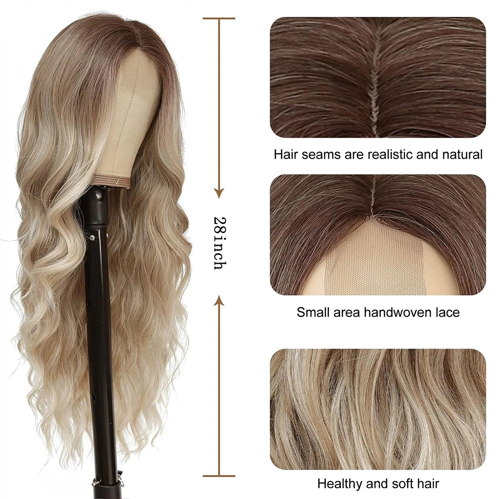 Long Curly Wave Synthetic Wigs Ombre Brown Blonde Wigs Middle Parted Hairstyle For Women Daily Party Heat Resistant Fake Hairs - Dragonbeast