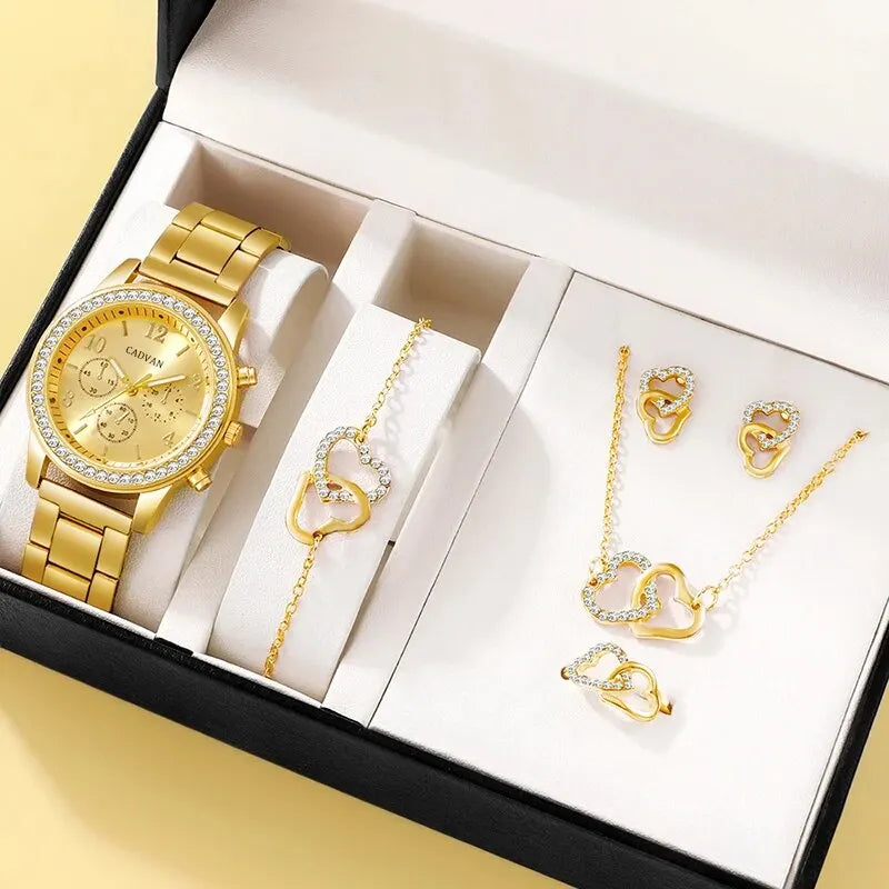 6PCS Set Rose Gold Luxury Watch Women Ring Necklace Earring Rhinestone Fashion Wristwatch Casual Ladies Bracelet Watches - Dragonbeast