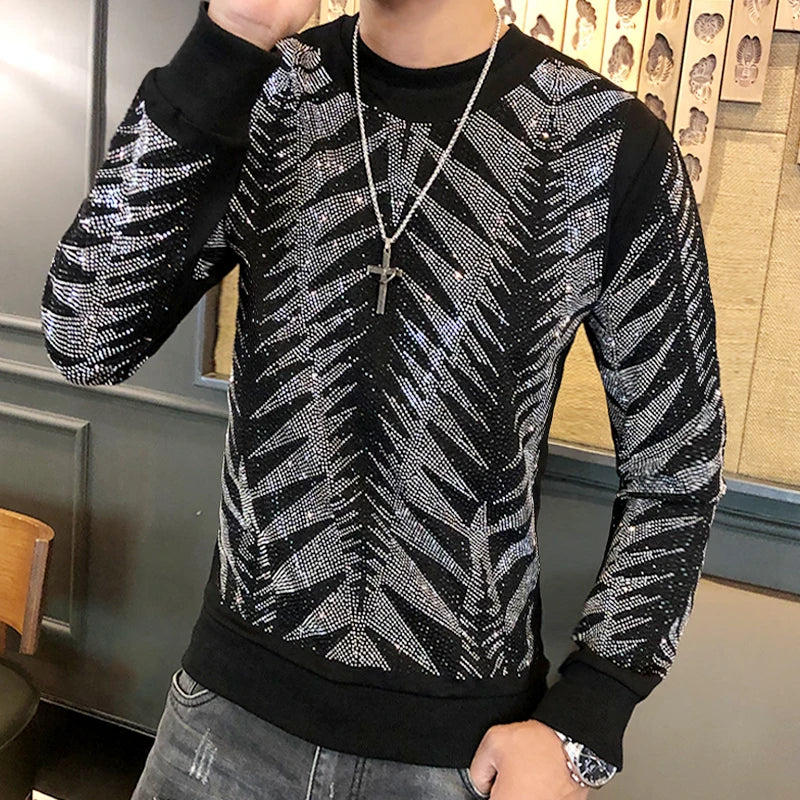 Men's Diamond Long Sleeve Pullover Casual T Shirt Men Streetwear Hip Hop Punk Gothic Tshirt Stage Tees Shirt Long Sleeve Silver