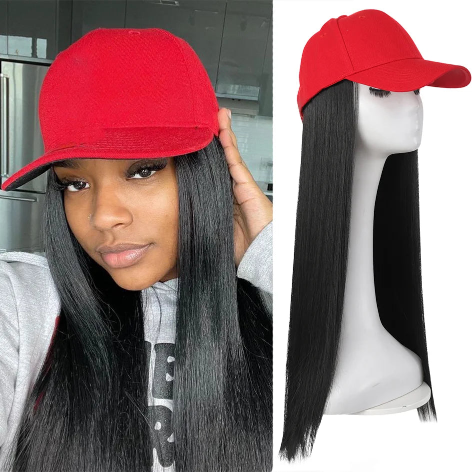 Hat Wigs-synthetic 22inch red baseball cap straight hair wig ducktail long straight hair wig hat extensions wigs christmas hat - Dragonbeast