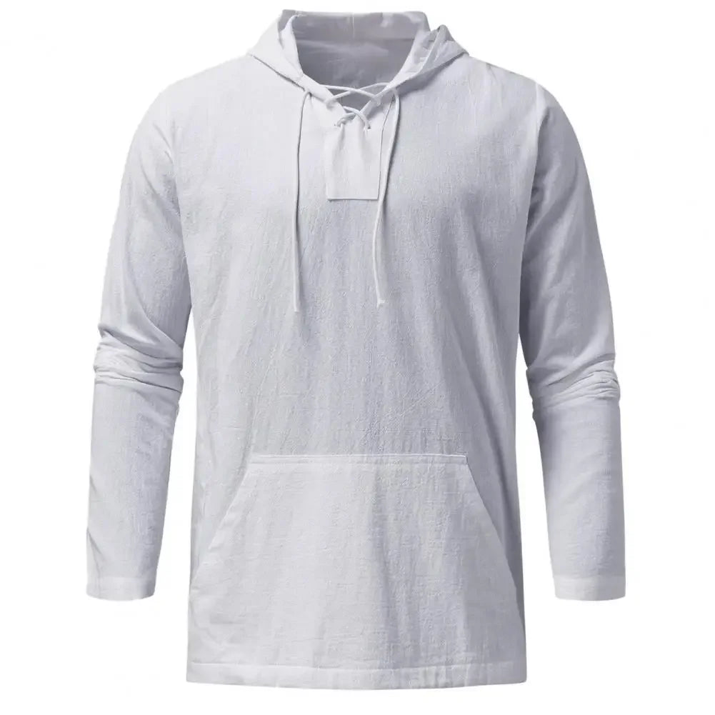 Spring Summer Cotton Linen Men's Hooded Pullover Solid Thin Long Sleeve Shirts With Hat Casual String Lace Up T-shirts Men Tops