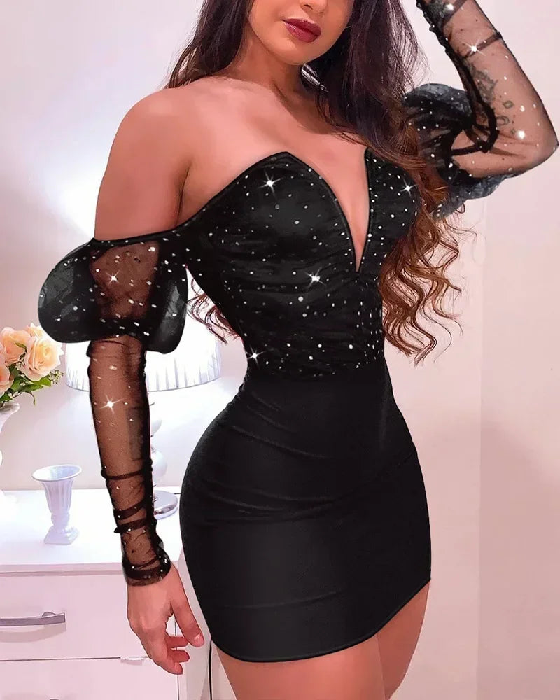 Women Strapless Mesh Splicing Long Sleeve Mini Dress Bodycon Sexy Fashion Party Dress - Dragonbeast