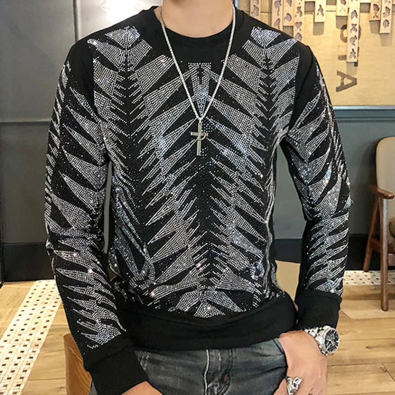 Men's Diamond Long Sleeve Pullover Casual T Shirt Men Streetwear Hip Hop Punk Gothic Tshirt Stage Tees Shirt Long Sleeve Silver