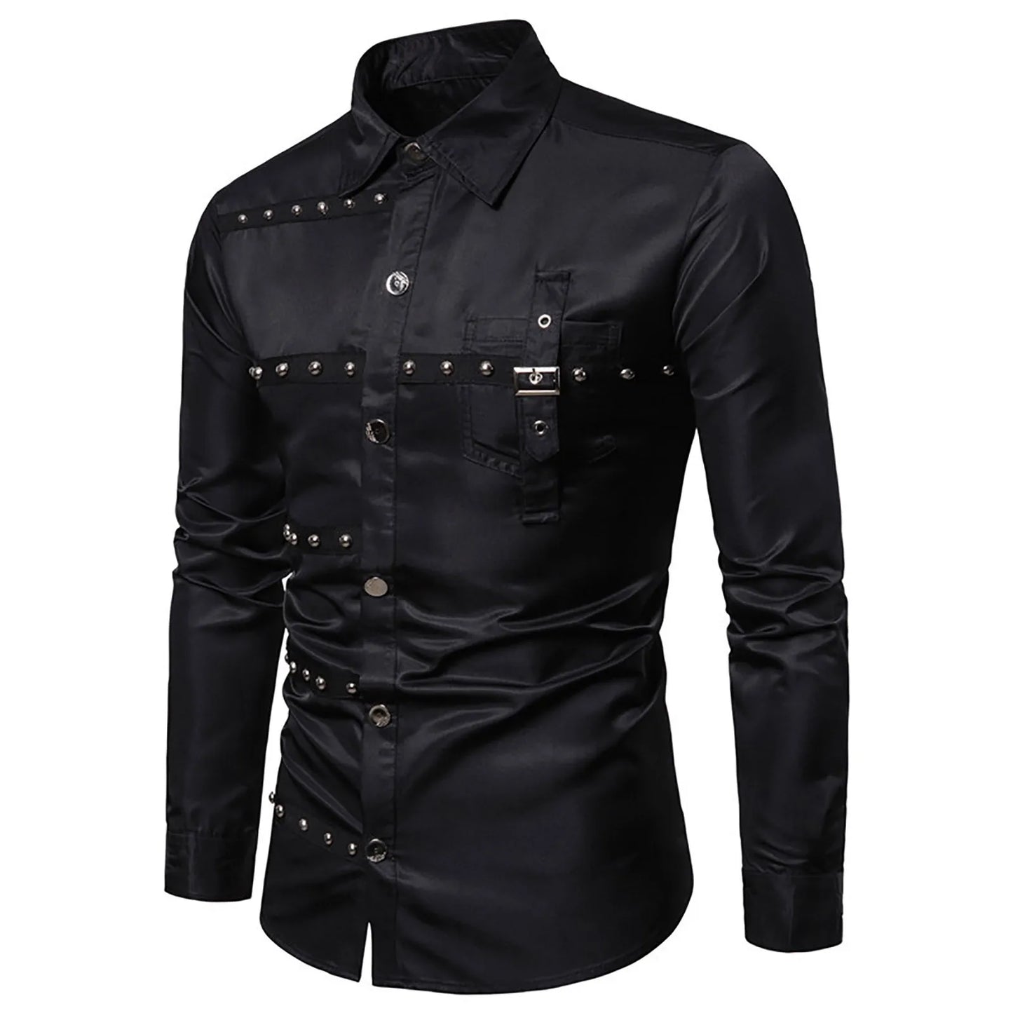 Gothic Studded Men'S Long Sleeve Shirt Halloween Medieval Belt Black Shirt Classic Vintage Party Performance Men'S Clothing