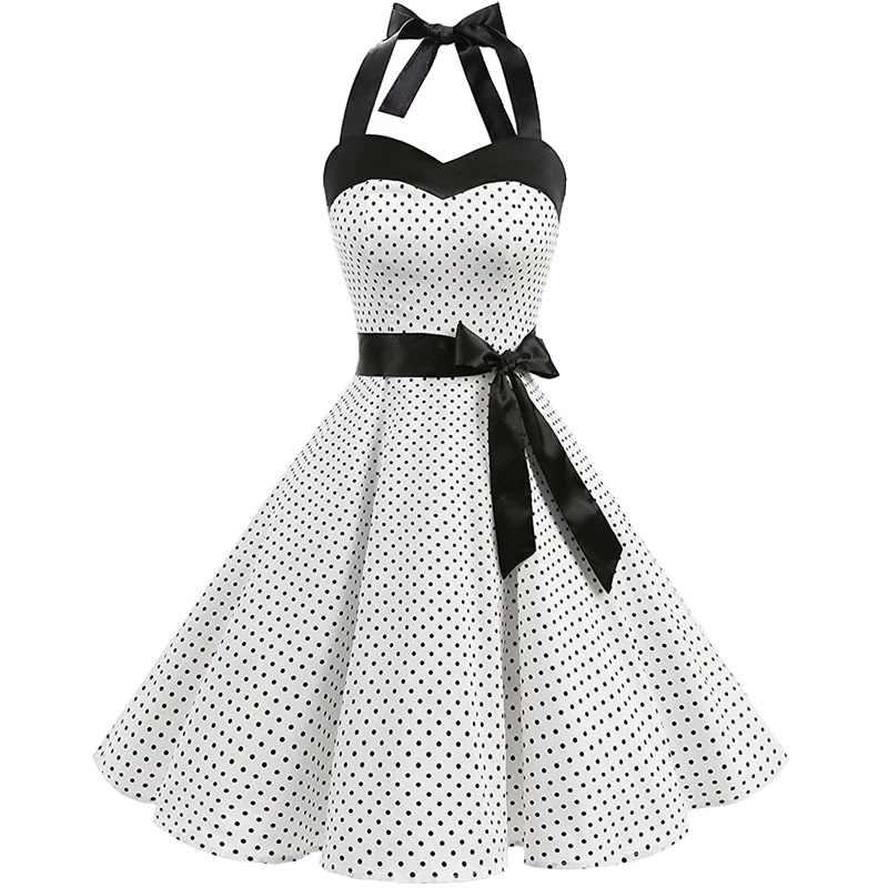 Women Polka Dot Print Summer Dress Sexy Retro White Halter Vintage Dress Robe Femme Pin Up Rockabilly Party Dress - Dragonbeast