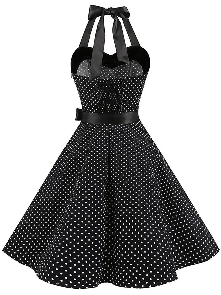 Women Polka Dot Print Summer Dress Sexy Retro White Halter Vintage Dress Robe Femme Pin Up Rockabilly Party Dress - Dragonbeast