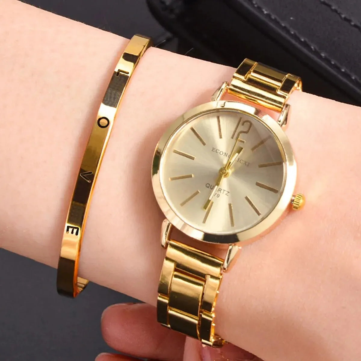 2pcs Set Watch Luxury Women Simple Dial Hollow Strap Fashion Gold Bracelet Quartz Wristwatch Student Ladies Watches Reloj Mujer - Dragonbeast