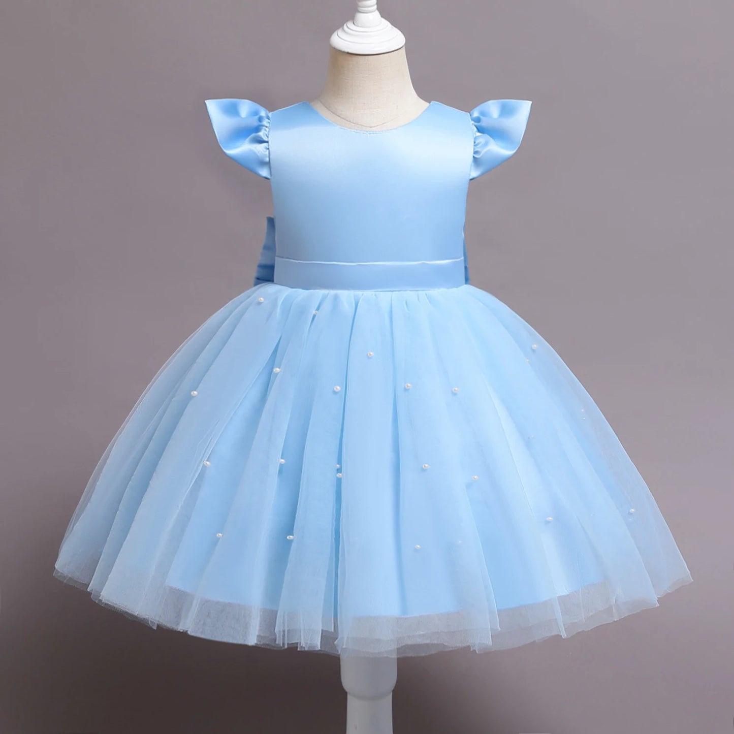 Toddler Girl Blue Beaded Tutu Gown 1-5 Years Baby Girl Birthday Party Dress Little Girl V-Back Bow Tulle Clothes Infant Costume - Dragonbeast