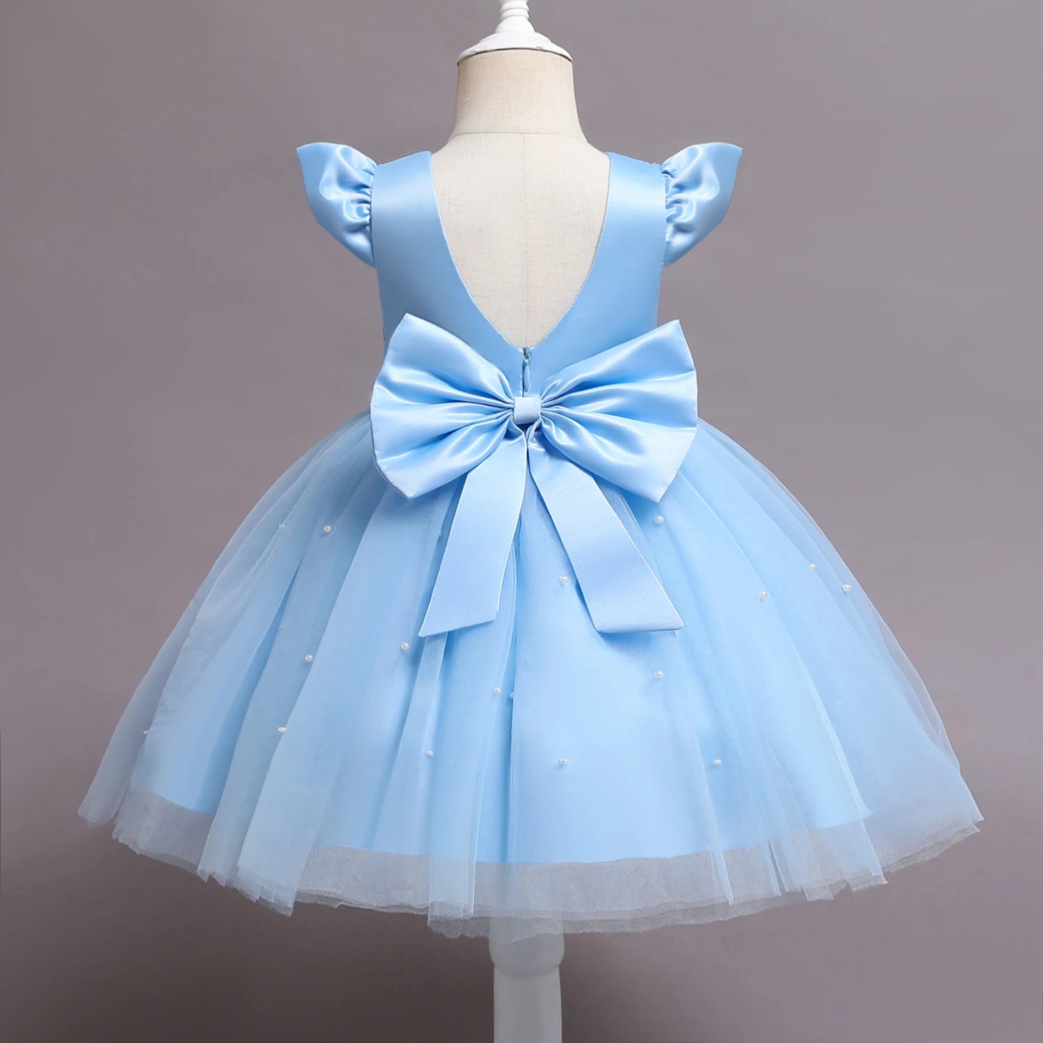 Toddler Girl Blue Beaded Tutu Gown 1-5 Years Baby Girl Birthday Party Dress Little Girl V-Back Bow Tulle Clothes Infant Costume - Dragonbeast