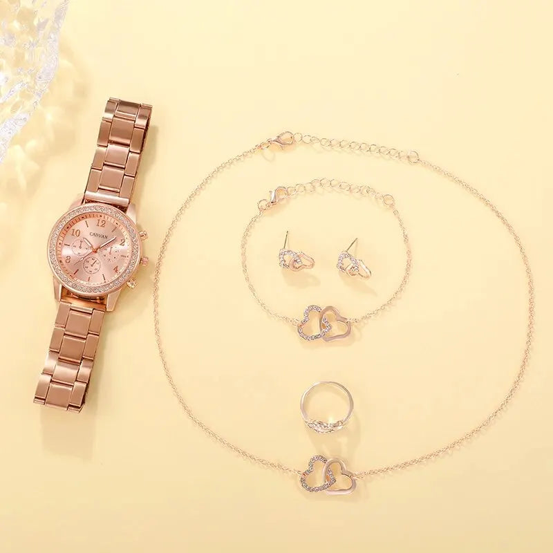 6PCS Set Rose Gold Luxury Watch Women Ring Necklace Earring Rhinestone Fashion Wristwatch Casual Ladies Bracelet Watches - Dragonbeast