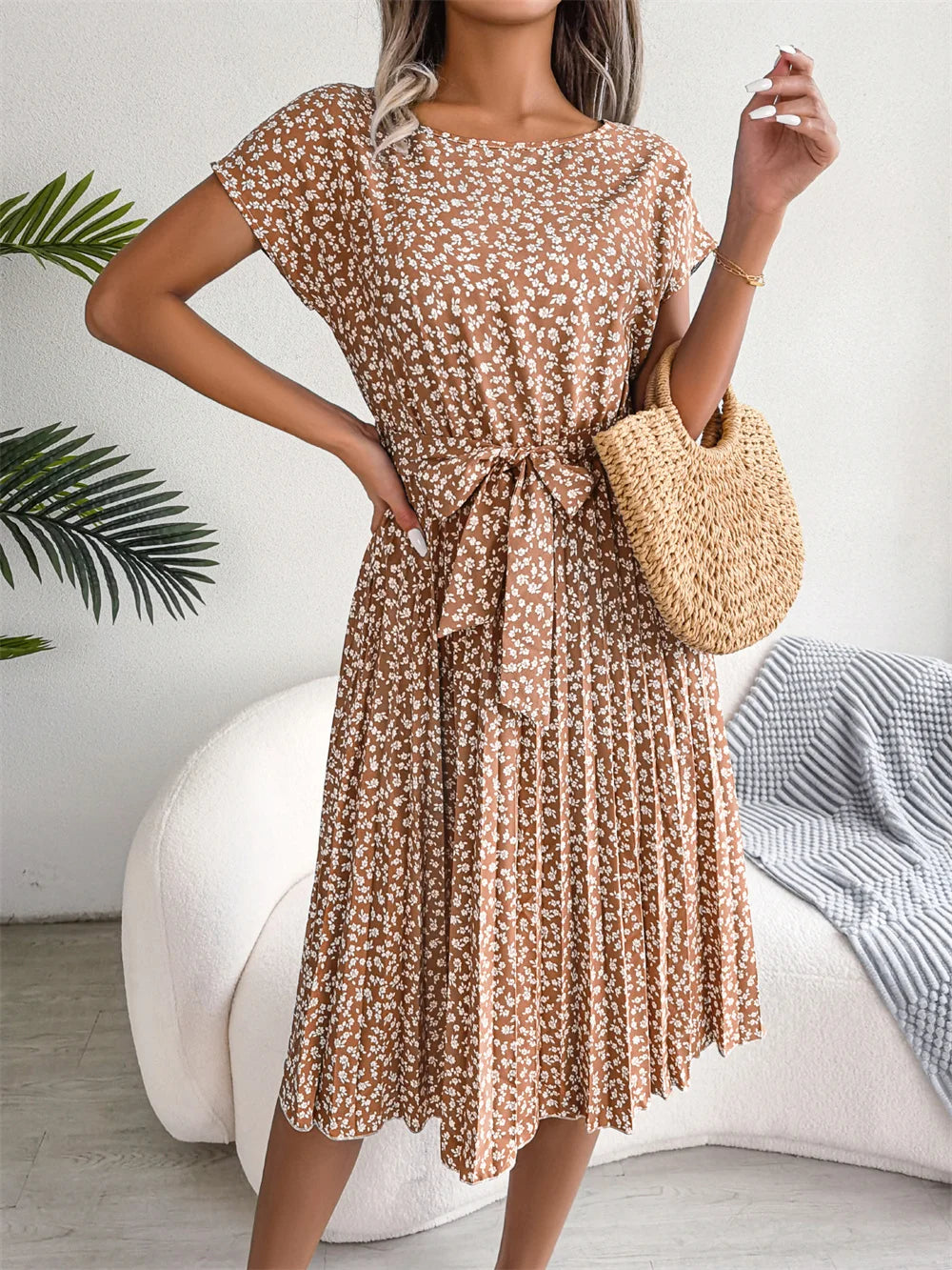 Women Spring Summer Short Sleeve High Waist Chic Dress Fashion Floral Pleated A Line Long Dress - Dragonbeast