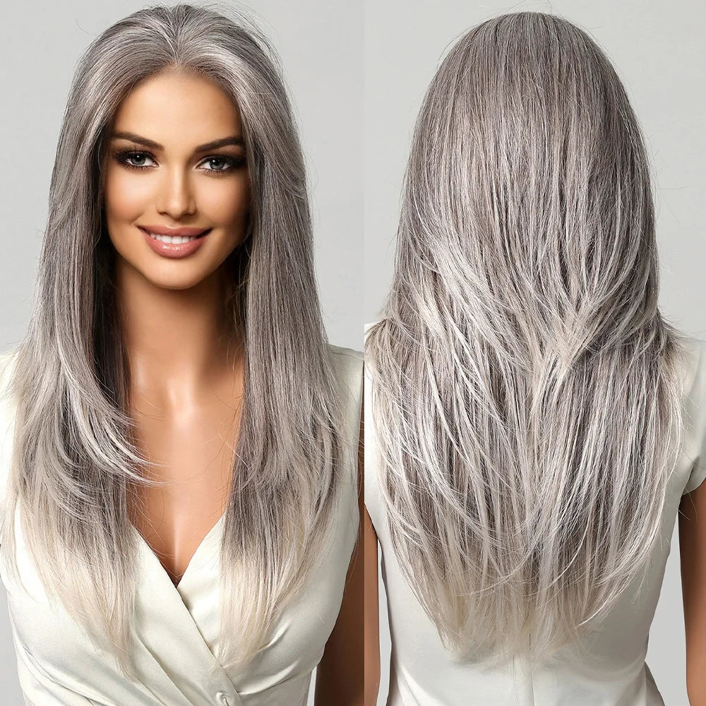 Long Straight Ash Gray Blonde Highlight Synthetic Wigs 13*6 Lace Frontal Wig Preplucked Baby Hair Wigs for Women Brazilian Daily - Dragonbeast