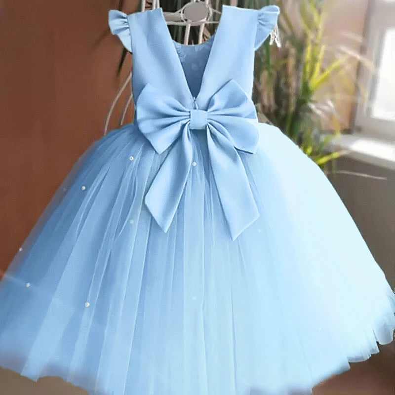 Toddler Girl Blue Beaded Tutu Gown 1-5 Years Baby Girl Birthday Party Dress Little Girl V-Back Bow Tulle Clothes Infant Costume - Dragonbeast