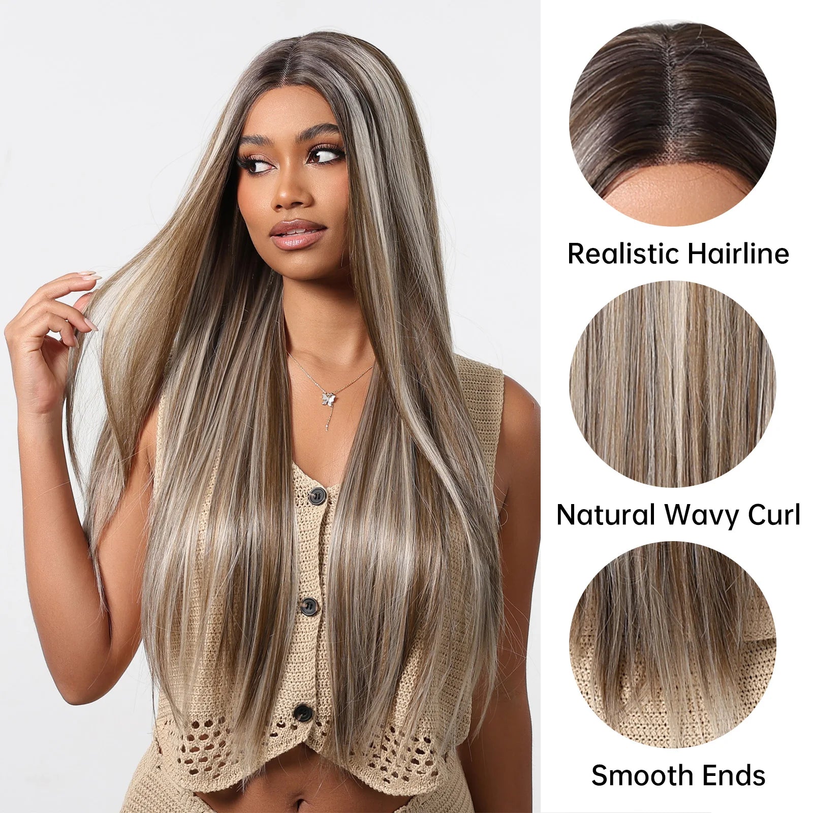 Long Straight Ash Gray Blonde Highlight Synthetic Wigs 13*6 Lace Frontal Wig Preplucked Baby Hair Wigs for Women Brazilian Daily - Dragonbeast