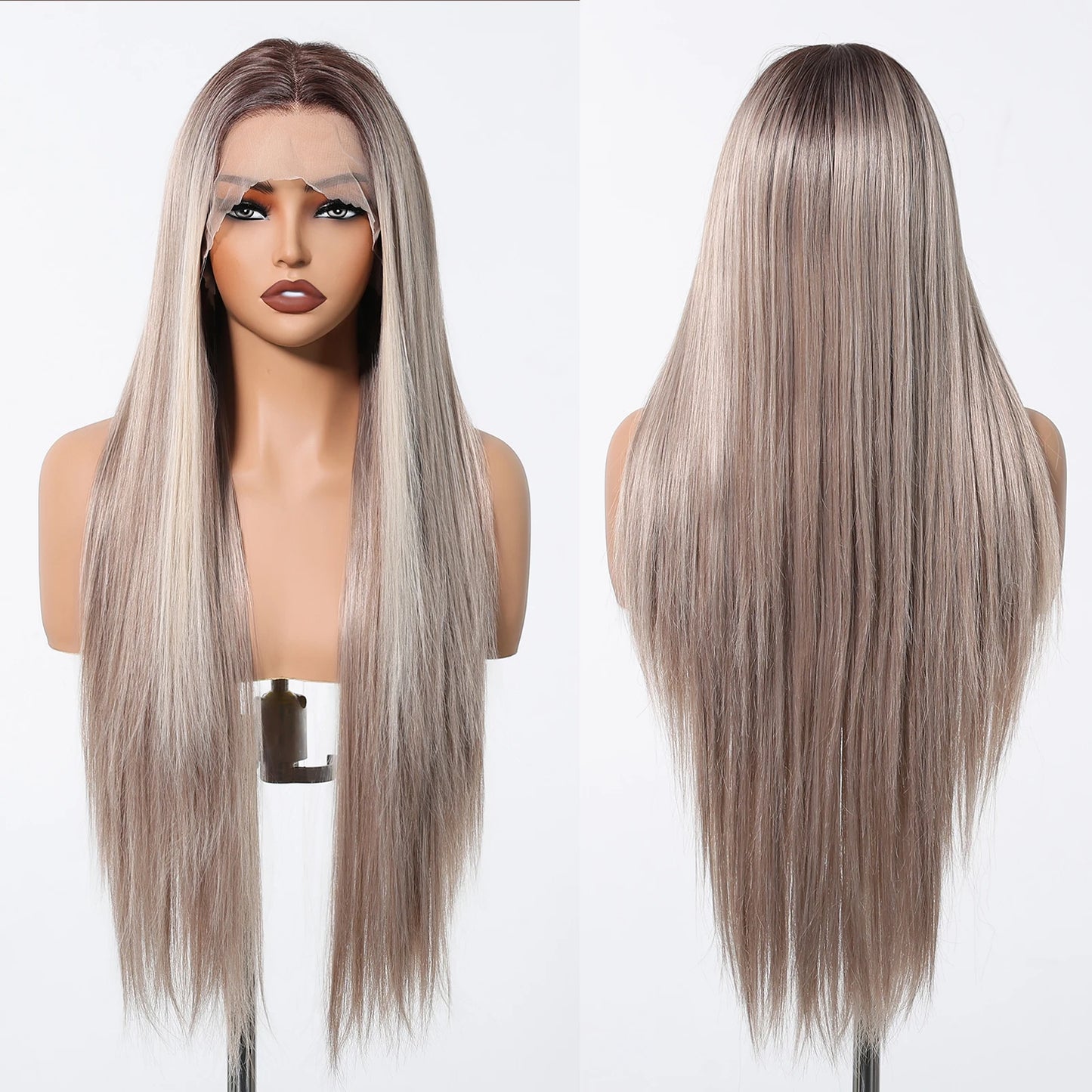 Long Straight Ash Gray Blonde Highlight Synthetic Wigs 13*6 Lace Frontal Wig Preplucked Baby Hair Wigs for Women Brazilian Daily - Dragonbeast