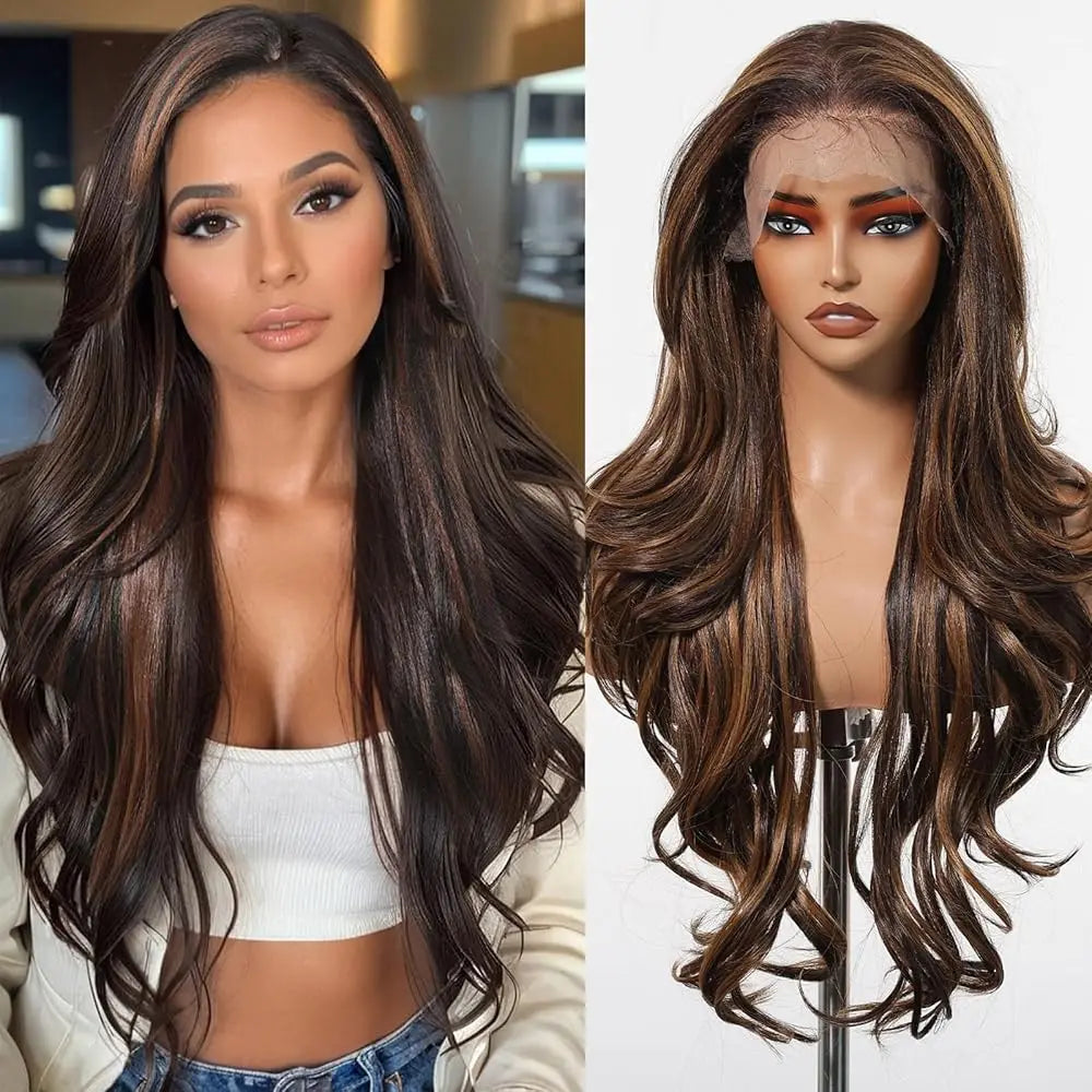 DWY Ash Brown Highlight Synthetic Lace Front Wig 13×6 Body Wave Pre Plucked Lace Wig for Women Wear and Go 28inch Wigs for Daily - Dragonbeast