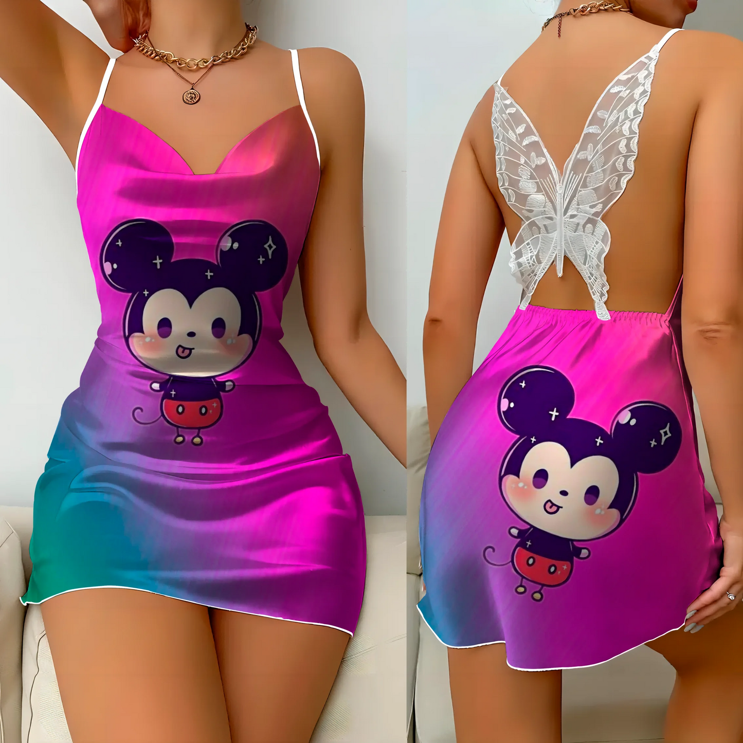 Mini Dress Pajama Skirt Bow Knot Party Dresses Satin Surface Minnie Mouse Disney Mickey Womens Fashion Summer 2024 Elegant Women - Dragonbeast