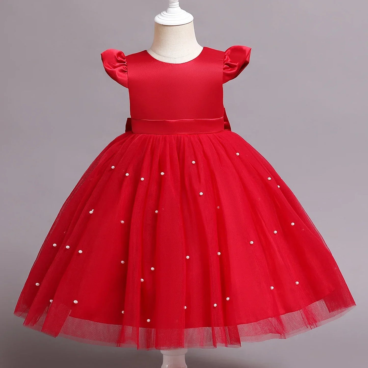 Kids Girls Christmas Party Dress Princess Pearls Mesh Dress for Baby Girl Red New Year Dresses for Girls Flower Girls Clothing - Dragonbeast