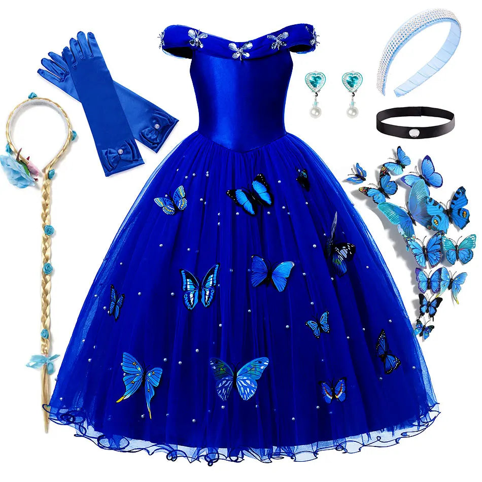 Elegant Dark Blue Party Dress Girls Fancy Sapphire Princess Cinderella Ball Gown Off Shoulder Prom Frock Kid Pearl Embellished - Dragonbeast