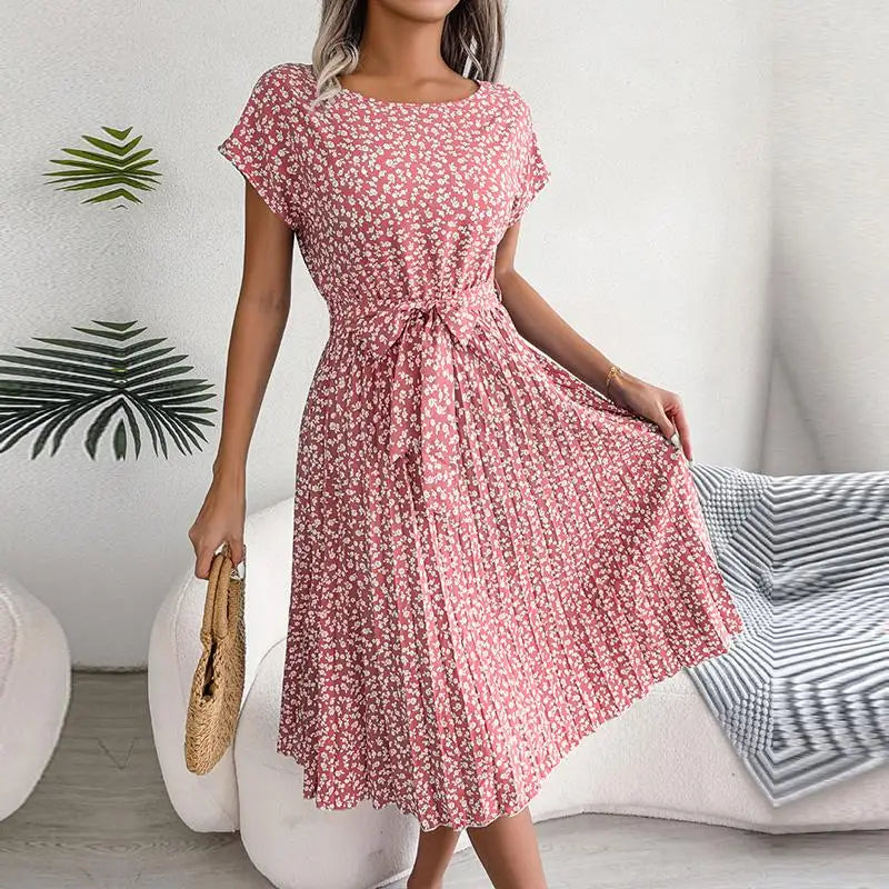 Women Spring Summer Short Sleeve High Waist Chic Dress Fashion Floral Pleated A Line Long Dress - Dragonbeast