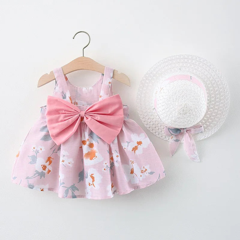 Summer New Girl Fashion Dress Small Chrysanthemum Hanging Strap Big Bow Princess Dress Party Dress 0-3 Years Old - Dragonbeast