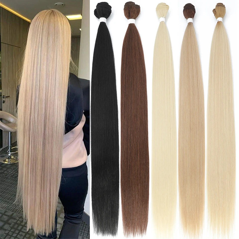 Bone Straight Hair Bundles Salon Natural Hair Extensions Fake Fibers Super Long Synthetic Yaki Straight Hair Weaving Full to End - Dragonbeast