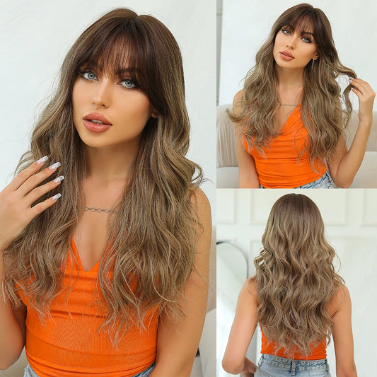 Brown Ombre Wavy Synthetic Wig with Bangs Medium Length Natural Wavy Wigs for Women Heat Resistant Fake Hair Daily Party Use