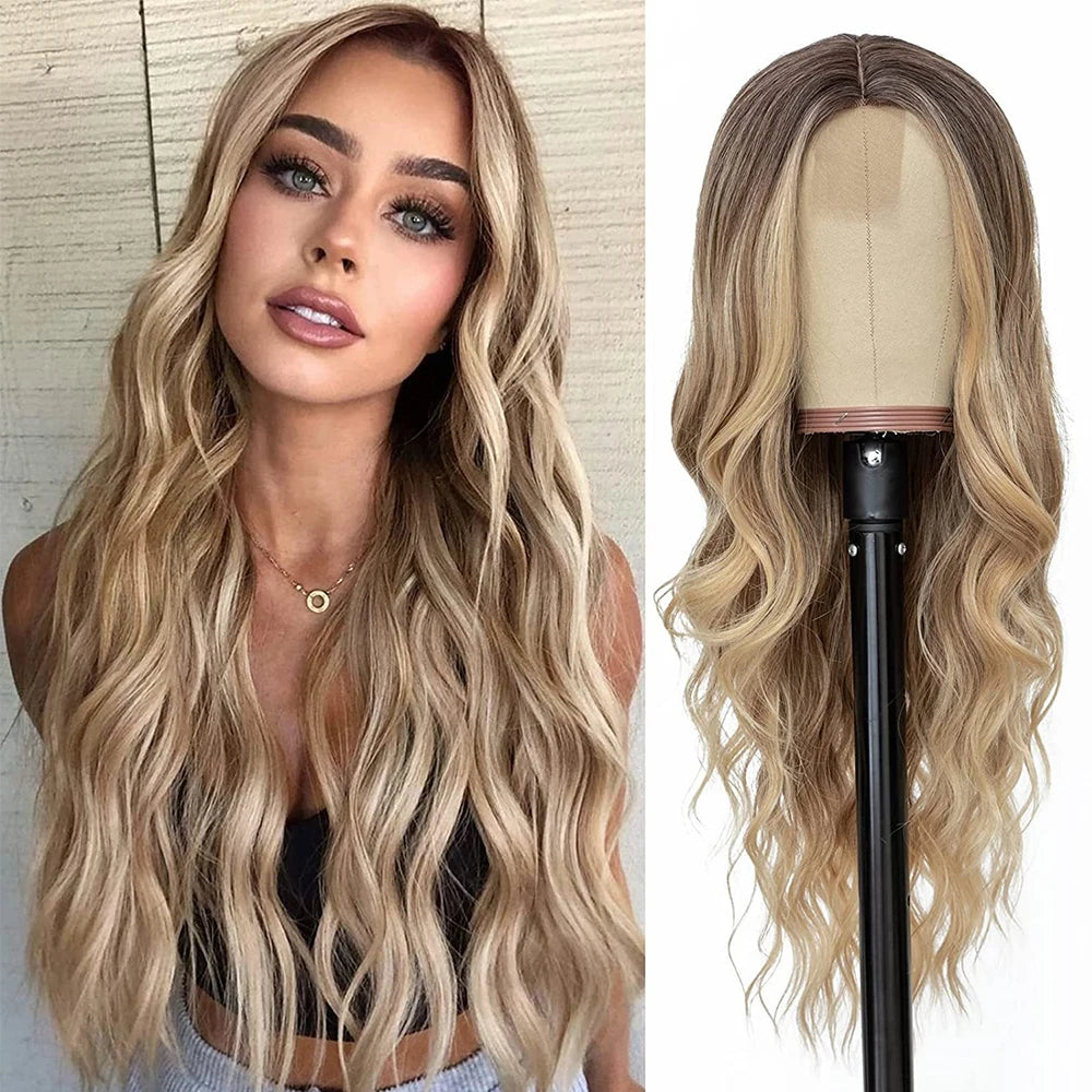 Long Curly Wave Synthetic Wigs Ombre Brown Blonde Wigs Middle Parted Hairstyle For Women Daily Party Heat Resistant Fake Hairs - Dragonbeast