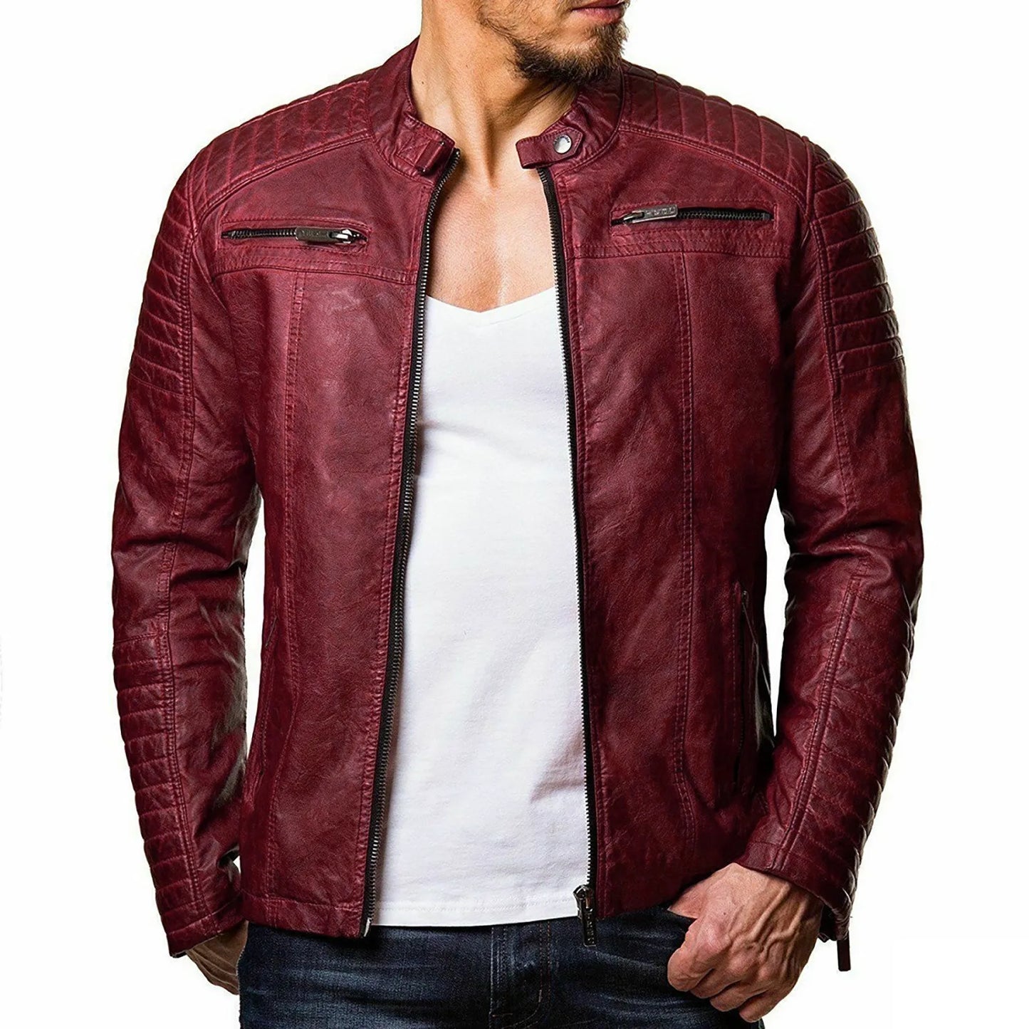 Fashion Men's Motorcycle Riding Leather Jacket Windproof Rainproof Solid Color Zipper Casual Hip Hop Varsity Jacket