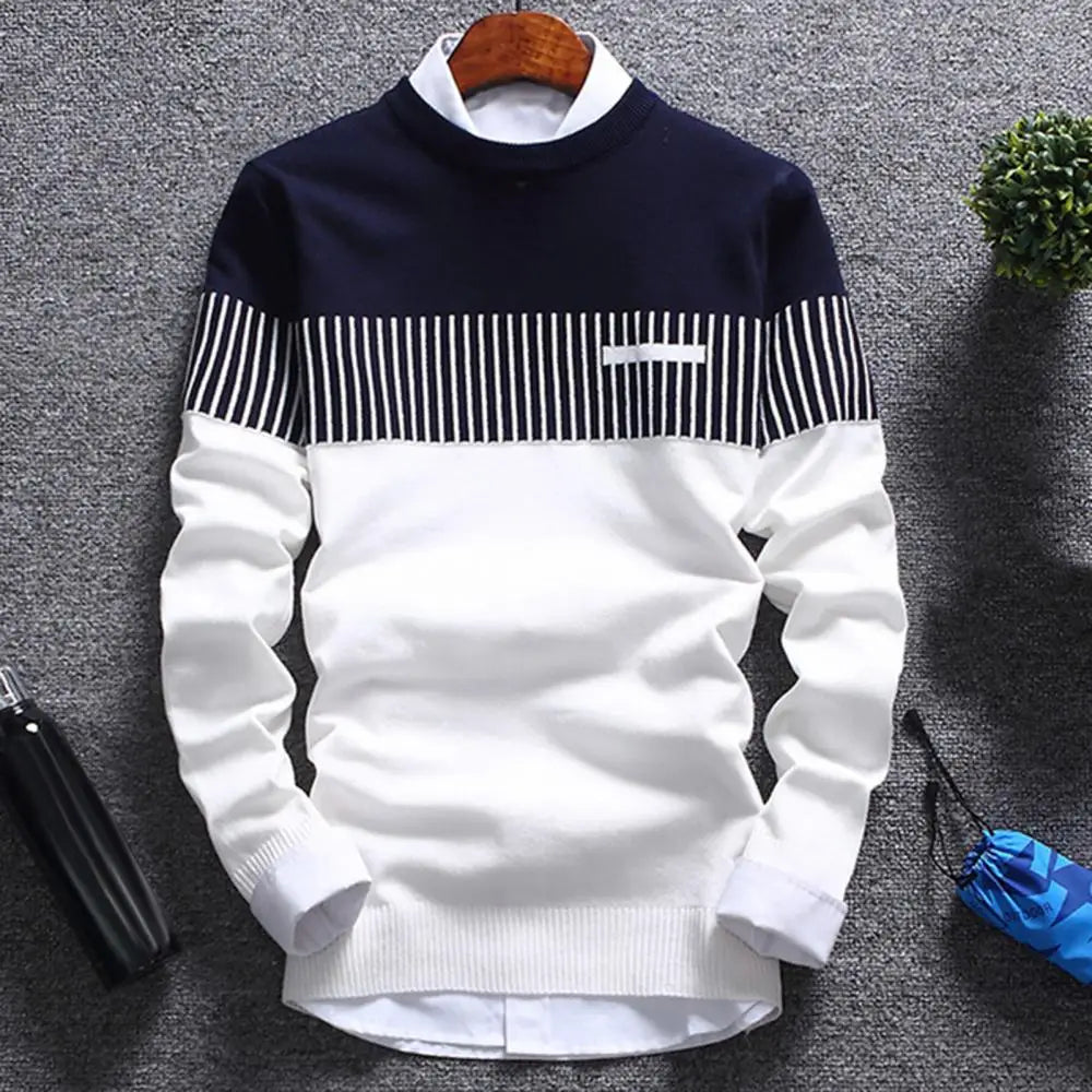 Fashion Men striped Sweater pullover Color Block Patchwork O Neck Long Sleeve Knitted Sweater Top Blouse For Warm Men's Clothing - Dragonbeast