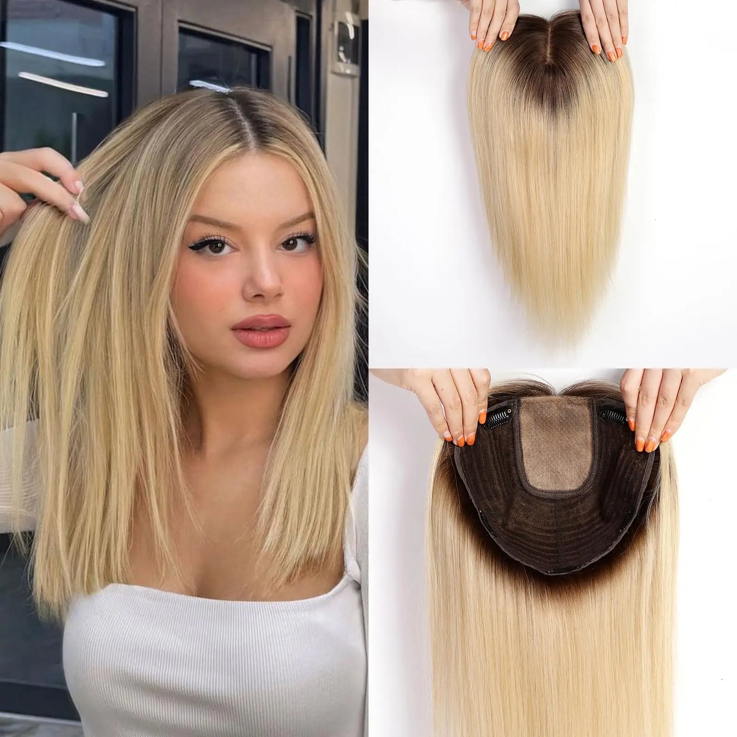 16 Inches Straight Remy Human Hair Toppers for Women Blonde Dark Root Hair Toppers Hairpieces Extensions Clips In Hair Toppers - Dragonbeast