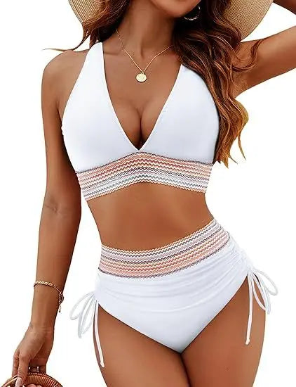 Pink Bikini Sets Bathing Suits for Women Two Piece Bikini Set Tether Tie High Waist V-neck Gathering Chest Swimsuit