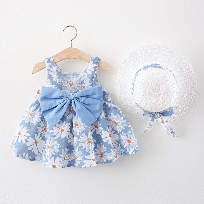 Summer New Girl Fashion Dress Small Chrysanthemum Hanging Strap Big Bow Princess Dress Party Dress 0-3 Years Old - Dragonbeast