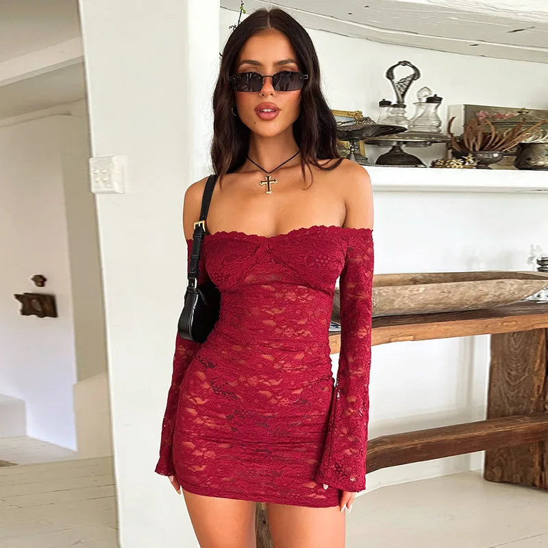 Townlike Perspective Lace Sexy Party Dress Women Off Shoulder Mini 2024 Autumn Winter Dress Slim Bodycon Dresses Vestidos - Dragonbeast