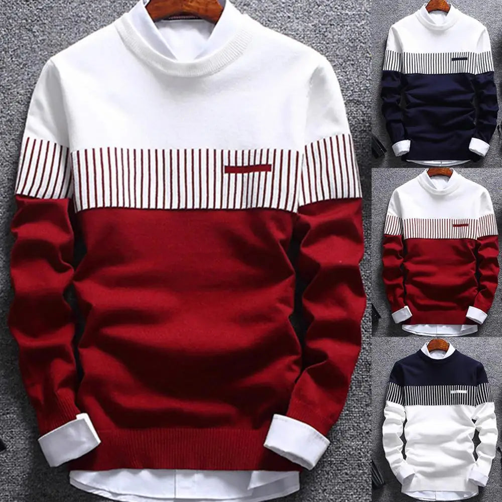 Fashion Men striped Sweater pullover Color Block Patchwork O Neck Long Sleeve Knitted Sweater Top Blouse For Warm Men's Clothing - Dragonbeast