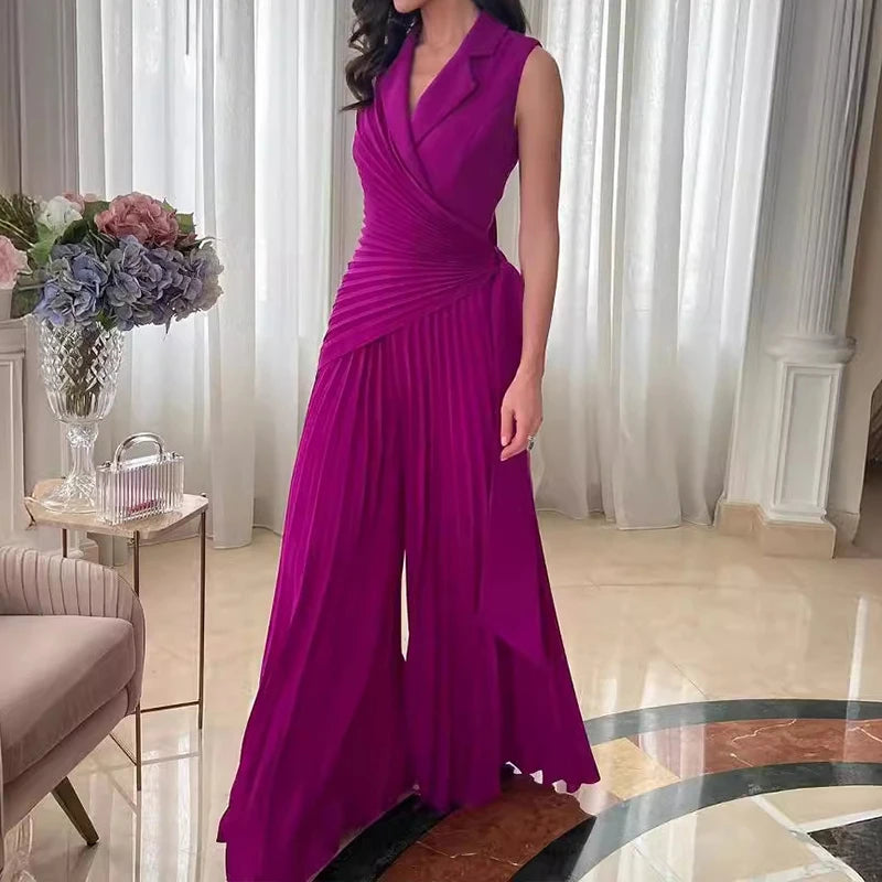 Elegant Lapel Sleeveless Pleat Long Jumpsuit Women Fashion High Waist Lace-up Office Romper Casual Solid Loose Wide Leg Playsuit