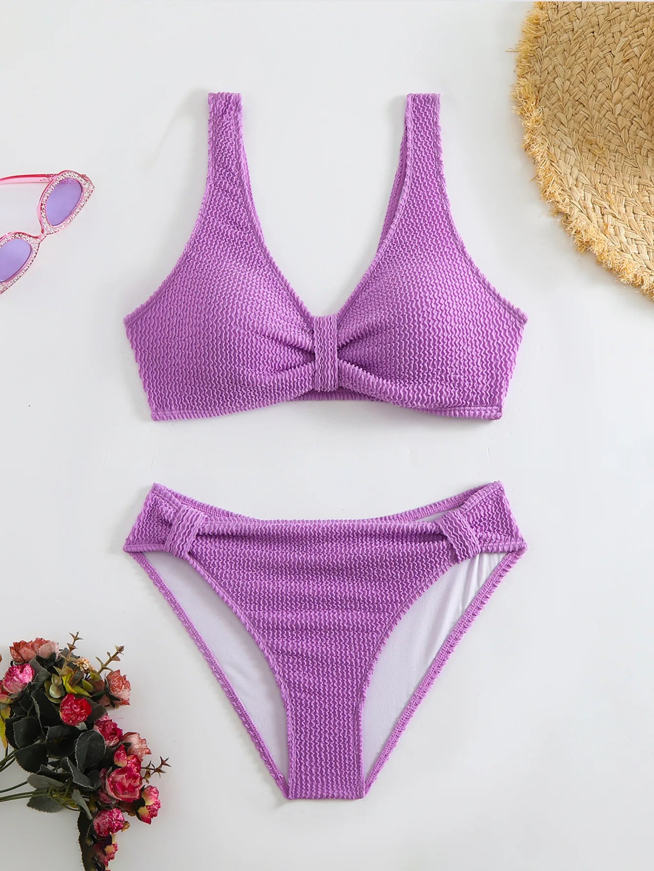 2025 Summer New Women's 2 Piece Swimsuit Solid Color High Waist Bikini Set V-neck Backless Beach Vacation Bathing Suit Swimwear