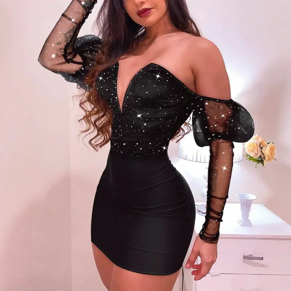 Women Strapless Mesh Splicing Long Sleeve Mini Dress Bodycon Sexy Fashion Party Dress - Dragonbeast