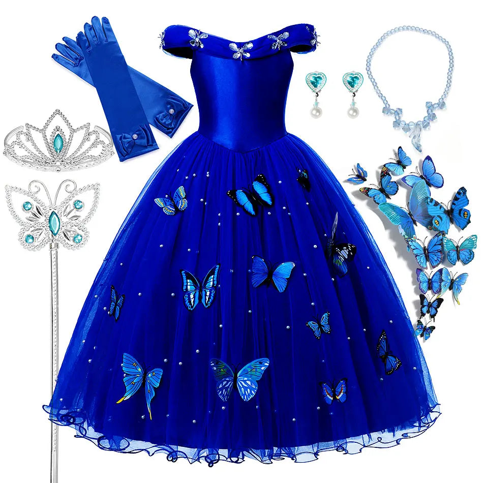 Elegant Dark Blue Party Dress Girls Fancy Sapphire Princess Cinderella Ball Gown Off Shoulder Prom Frock Kid Pearl Embellished - Dragonbeast