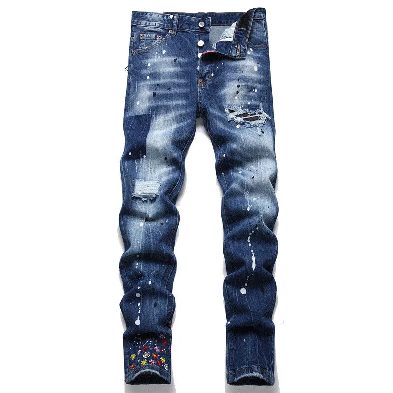 Men Blue Ripped Denim Jeans Italian High Street Style Stretch Denim Long Jeans Pants High Quality Male Slim Denim Trousers 38 - Dragonbeast