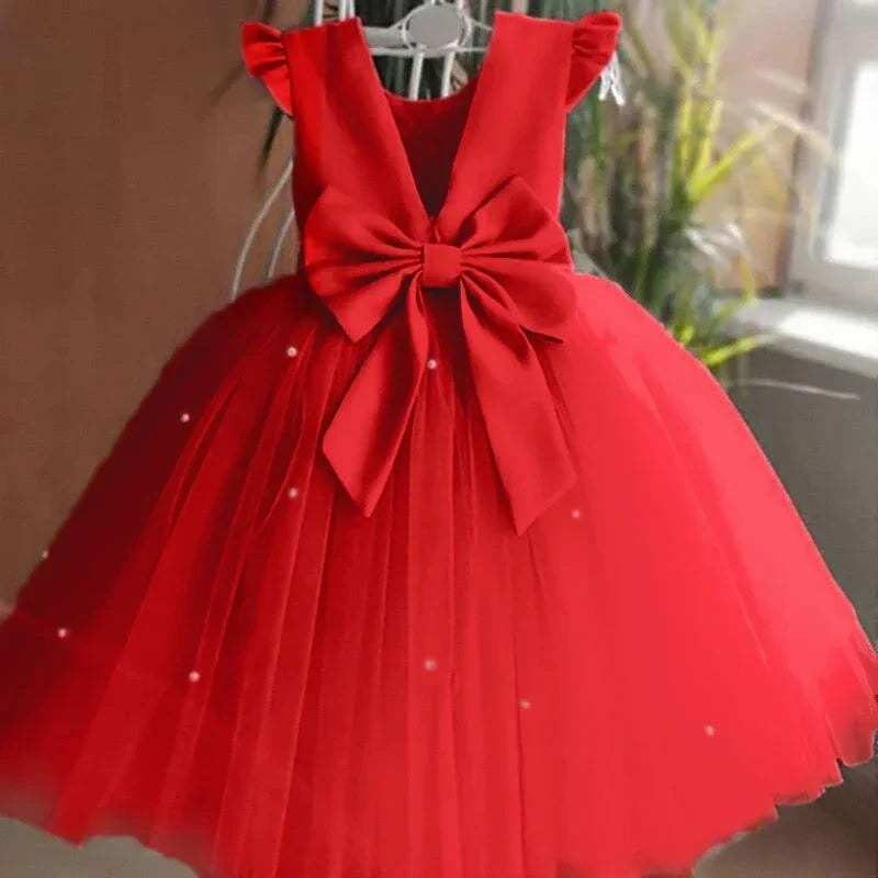 Kids Girls Christmas Party Dress Princess Pearls Mesh Dress for Baby Girl Red New Year Dresses for Girls Flower Girls Clothing - Dragonbeast